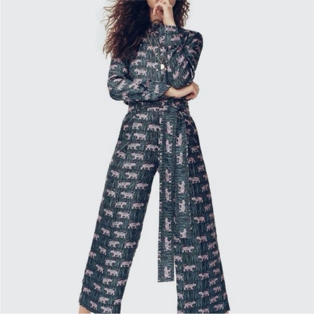 J. Crew Navy/Teal With Pink Tiger Print Wide-Leg Silk Pants and Button-down Set
